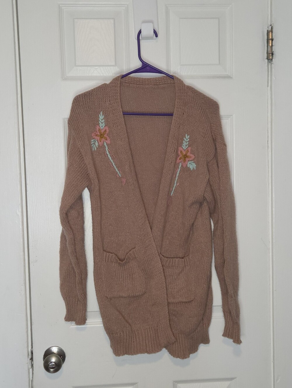 SHEIN Taupe Open-Front Cardigan with Floral Embroidery